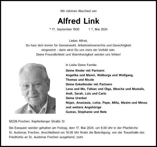 Anzeige von Alfred Link von Kölner Stadt-Anzeiger / Kölnische Rundschau / Express