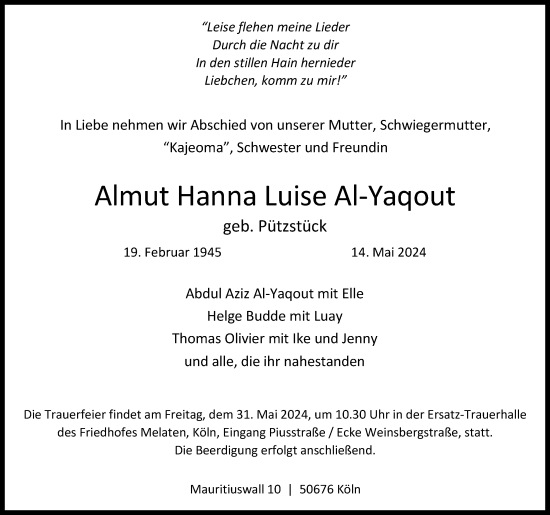 Anzeige von Almut Hanna Luise Al-Yaqout von Kölner Stadt-Anzeiger / Kölnische Rundschau / Express