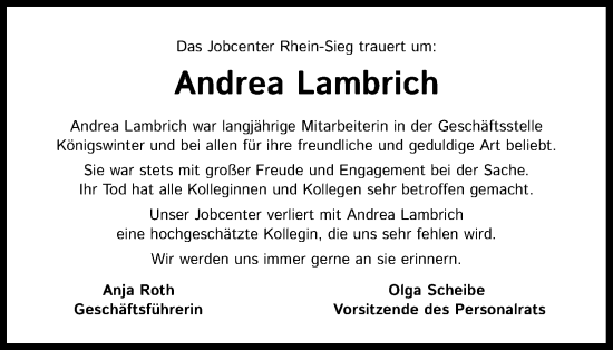 Anzeige von Andrea Lambrich von Kölner Stadt-Anzeiger / Kölnische Rundschau / Express