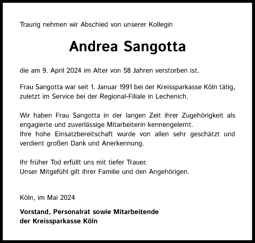  Traueranzeige für Andrea Sangotta vom 02.05.2024 aus Kölner Stadt-Anzeiger / Kölnische Rundschau / Express