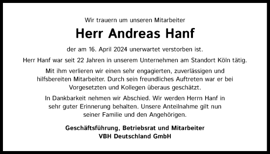 Anzeige von Andreas Hanf von Kölner Stadt-Anzeiger / Kölnische Rundschau / Express