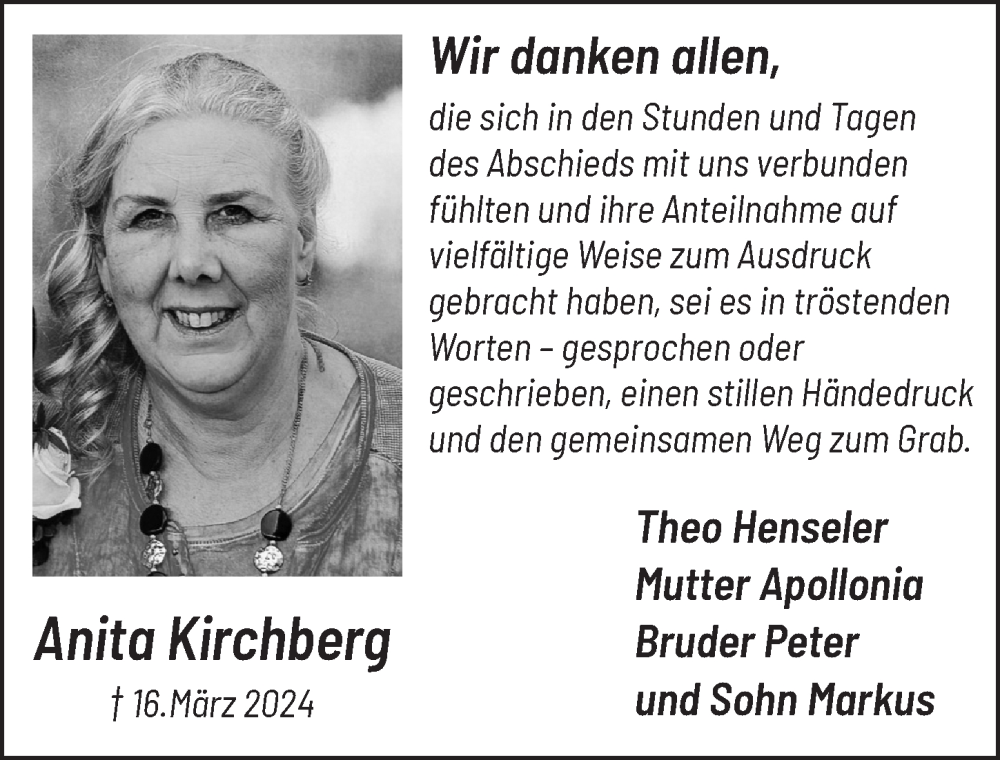  Traueranzeige für Anita Kirchberg vom 10.05.2024 aus  Schlossbote/Werbekurier 