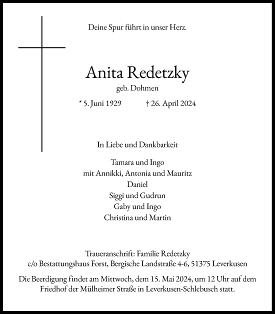 Anzeige von Anita Redetzky von Kölner Stadt-Anzeiger / Kölnische Rundschau / Express