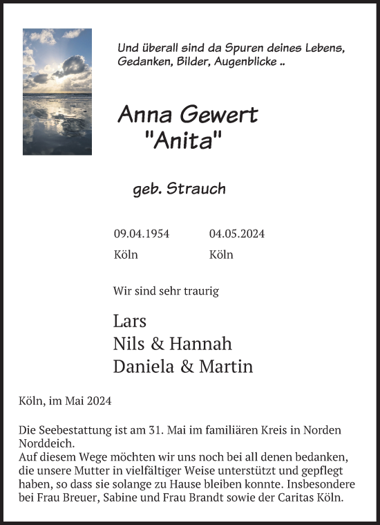 Anzeige von Anna Gewert von Kölner Stadt-Anzeiger / Kölnische Rundschau / Express