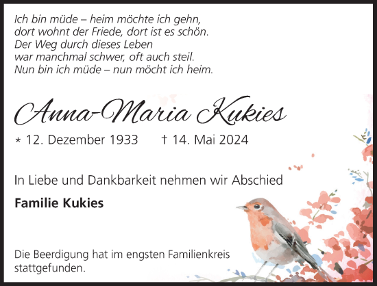 Anzeige von Anna-Maria Kukies von Kölner Stadt-Anzeiger / Kölnische Rundschau / Express