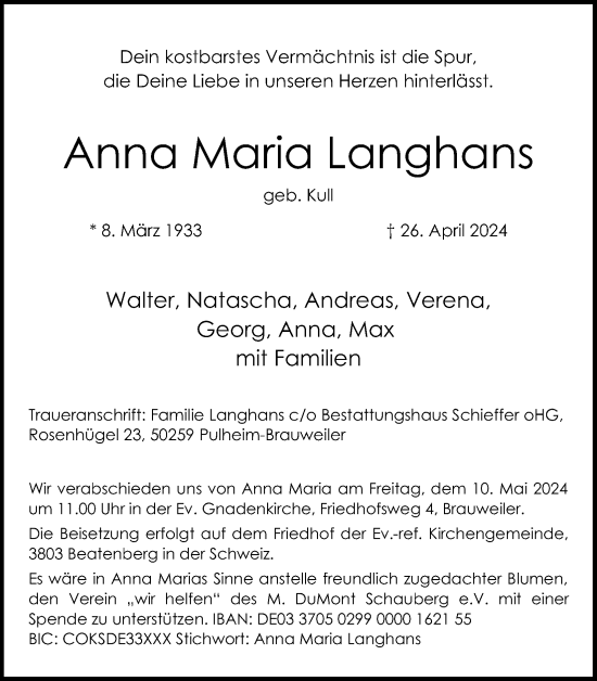Anzeige von Anna Maria Langhans von Kölner Stadt-Anzeiger / Kölnische Rundschau / Express