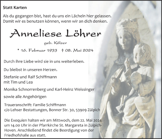 Anzeige von Anneliese Löhrer von  Blickpunkt Euskirchen 