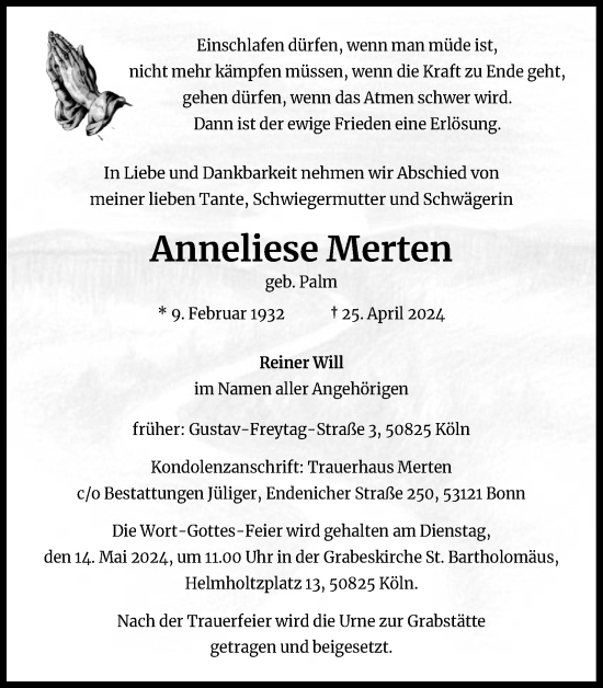 Anzeige von Anneliese Merten von Kölner Stadt-Anzeiger / Kölnische Rundschau / Express