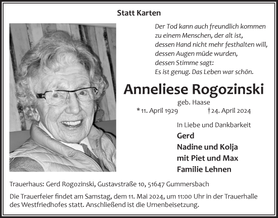 Anzeige von Anneliese Rogozinski von  Anzeigen Echo 