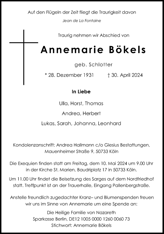 Anzeige von Annemarie Bökels von Kölner Stadt-Anzeiger / Kölnische Rundschau / Express