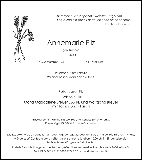 Anzeige von Annemarie Filz von Kölner Stadt-Anzeiger / Kölnische Rundschau / Express