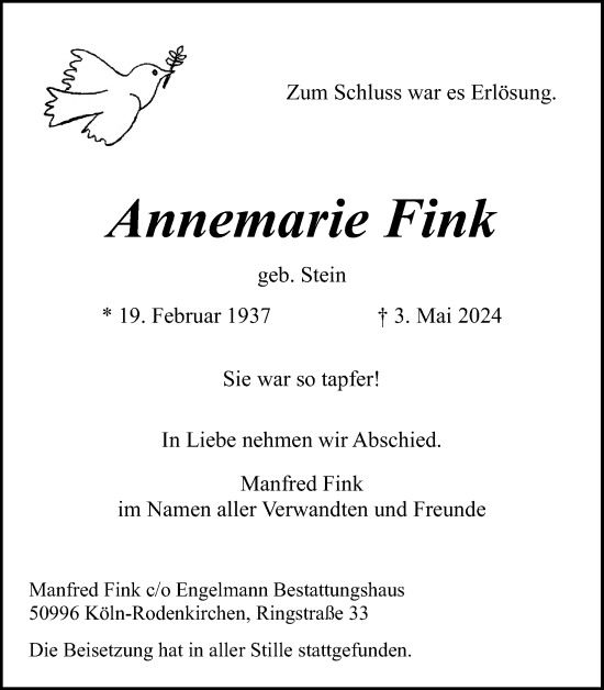 Anzeige von Annemarie Fink von Kölner Stadt-Anzeiger / Kölnische Rundschau / Express