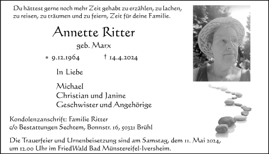 Anzeige von Annette Ritter von  Schlossbote/Werbekurier 