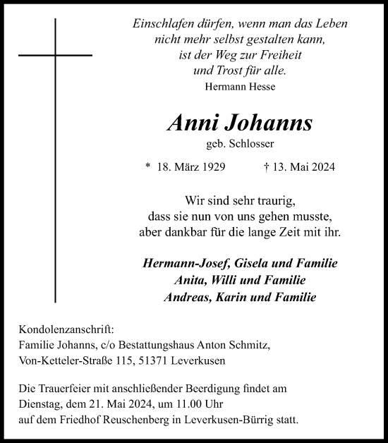 Anzeige von Anni Johanns von Kölner Stadt-Anzeiger / Kölnische Rundschau / Express