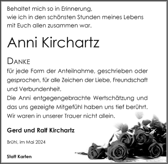 Anzeige von Anni Kirchartz von  Schlossbote/Werbekurier 