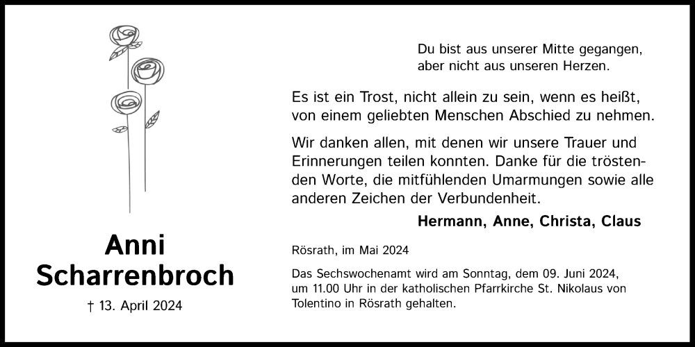  Traueranzeige für Anni Scharrenbroch vom 01.06.2024 aus Kölner Stadt-Anzeiger / Kölnische Rundschau / Express