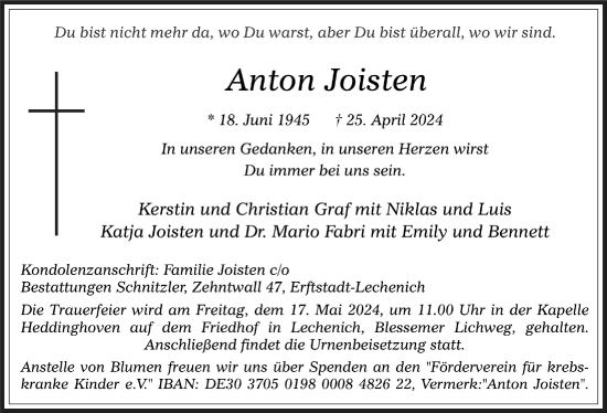 Anzeige von Anton Joisten von  Werbepost 