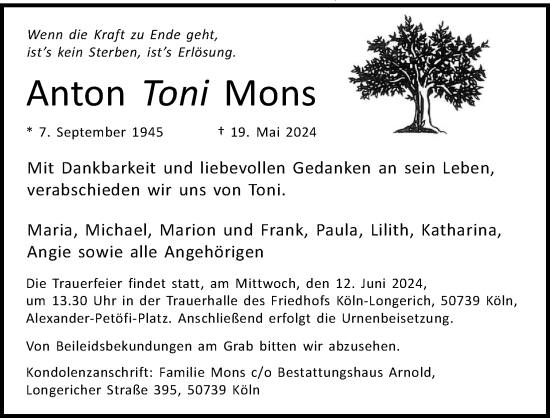 Anzeige von Anton  Mons von Kölner Stadt-Anzeiger / Kölnische Rundschau / Express