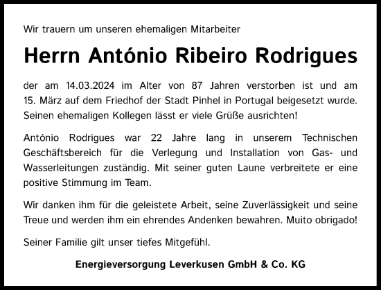 Anzeige von Antonio Ribeiro Rodrigues von Kölner Stadt-Anzeiger / Kölnische Rundschau / Express
