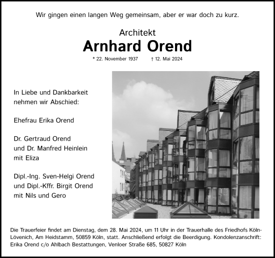 Anzeige von Arnhard Orend von Kölner Stadt-Anzeiger / Kölnische Rundschau / Express