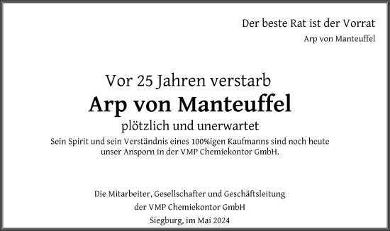 Anzeige von Arp von Manteuffel von Kölner Stadt-Anzeiger / Kölnische Rundschau / Express