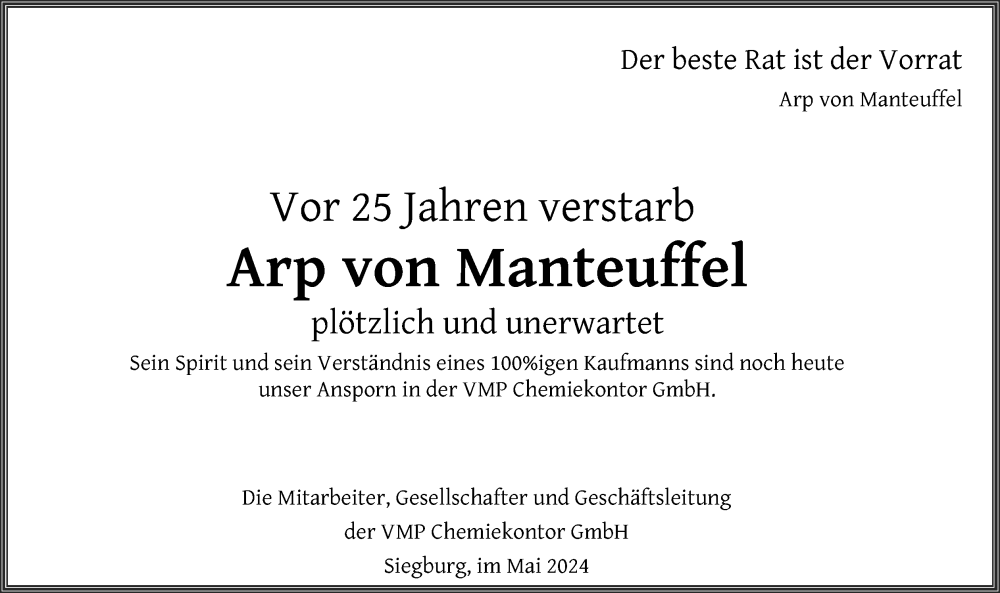  Traueranzeige für Arp von Manteuffel vom 04.05.2024 aus Kölner Stadt-Anzeiger / Kölnische Rundschau / Express