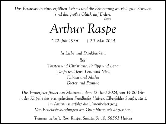Anzeige von Arthur Raspe von Kölner Stadt-Anzeiger / Kölnische Rundschau / Express