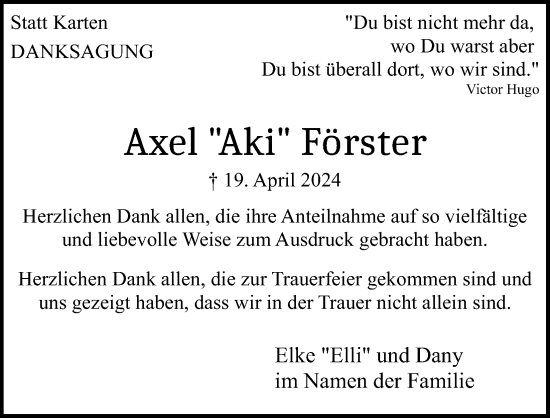 Anzeige von Axel Förster von Kölner Stadt-Anzeiger / Kölnische Rundschau / Express