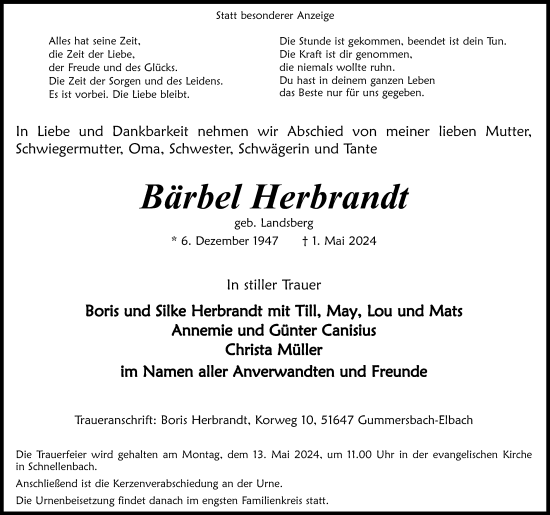 Anzeige von Bärbel Herbrandt von Kölner Stadt-Anzeiger / Kölnische Rundschau / Express
