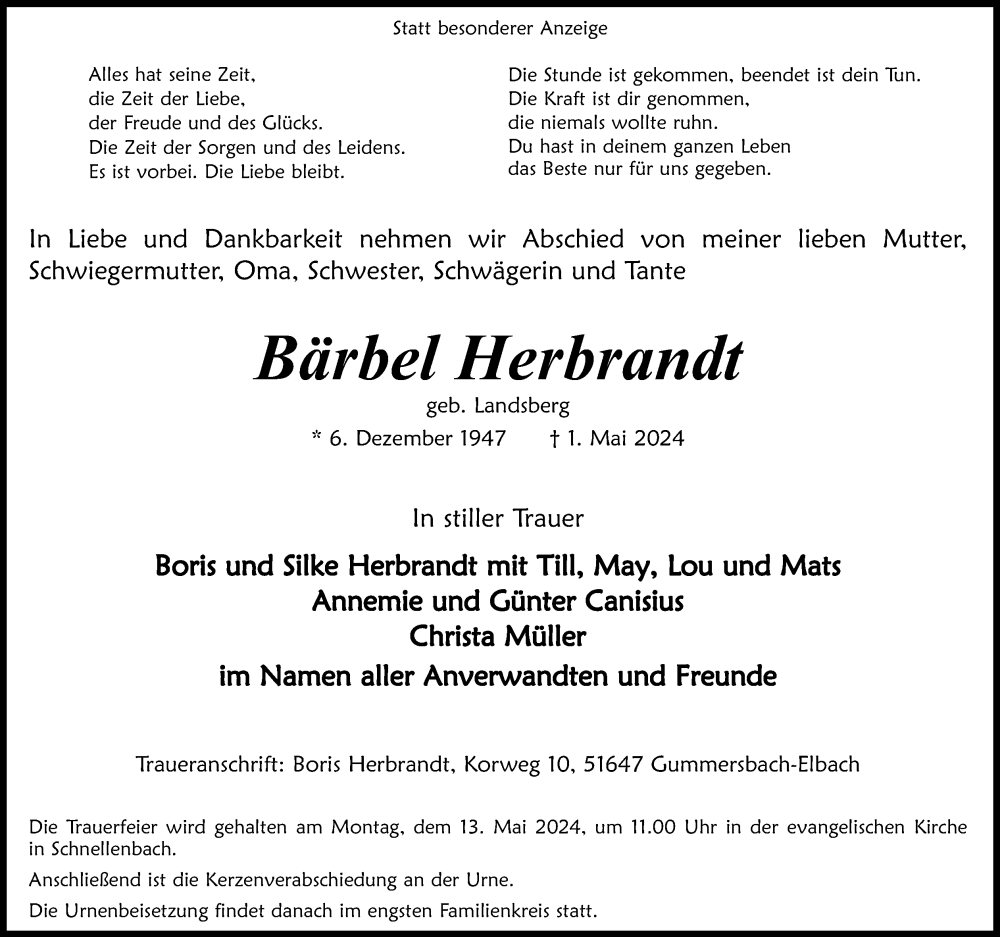  Traueranzeige für Bärbel Herbrandt vom 04.05.2024 aus Kölner Stadt-Anzeiger / Kölnische Rundschau / Express