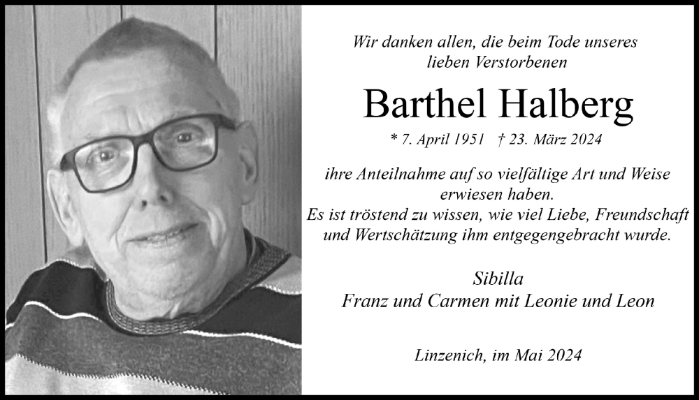  Traueranzeige für Barthel Halberg vom 04.05.2024 aus  Blickpunkt Euskirchen 