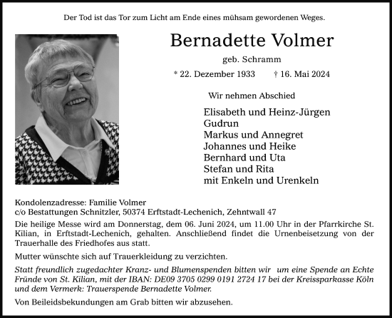 Anzeige von Bernadette Volmer von Kölner Stadt-Anzeiger / Kölnische Rundschau / Express