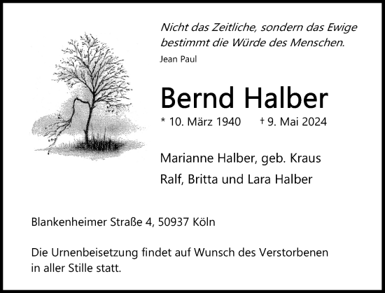 Anzeige von Bernd Halber von Kölner Stadt-Anzeiger / Kölnische Rundschau / Express