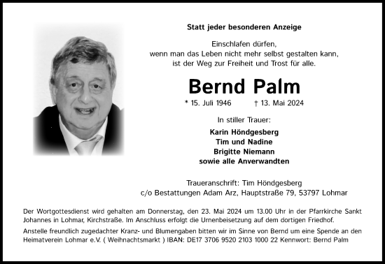 Anzeige von Bernd Palm von Kölner Stadt-Anzeiger / Kölnische Rundschau / Express