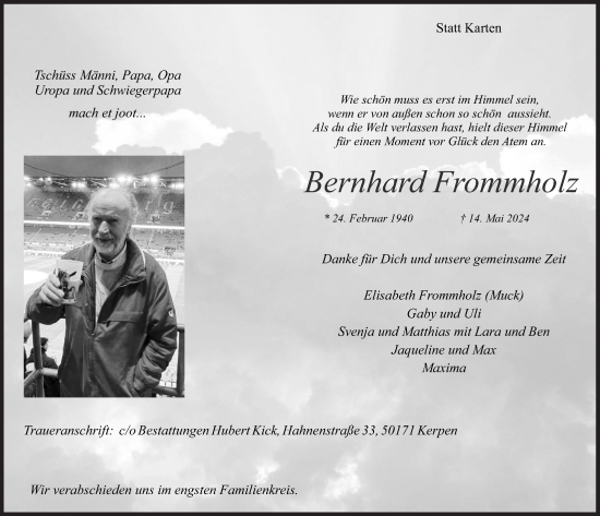 Anzeige von Bernhard Frommholz von  Werbepost 