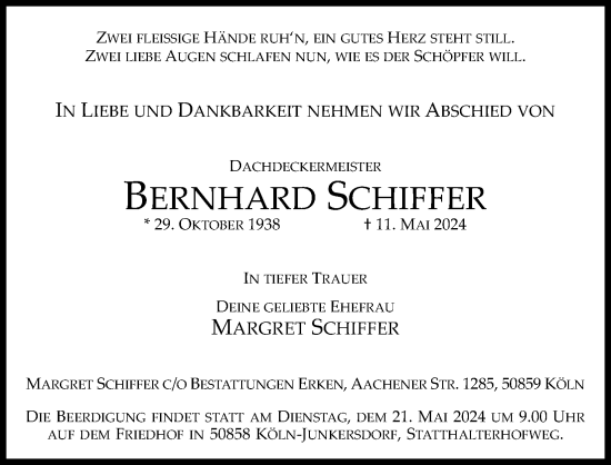 Anzeige von Bernhard Schiffer von Kölner Stadt-Anzeiger / Kölnische Rundschau / Express