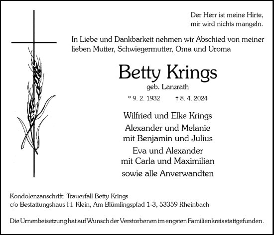Anzeige von Betty Krings von  Schaufenster/Blickpunkt 