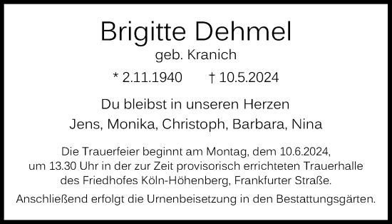 Anzeige von Brigitte Dehmel von Kölner Stadt-Anzeiger / Kölnische Rundschau / Express