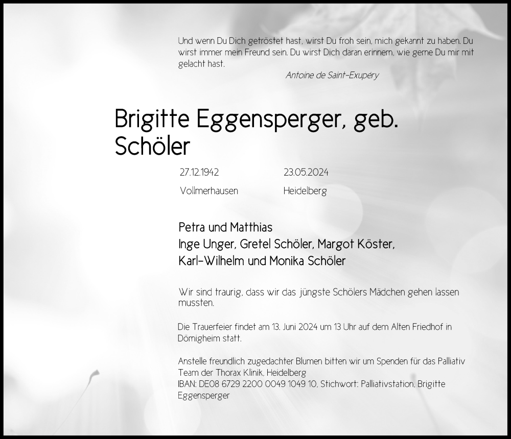  Traueranzeige für Brigitte Eggensperger vom 01.06.2024 aus Kölner Stadt-Anzeiger / Kölnische Rundschau / Express
