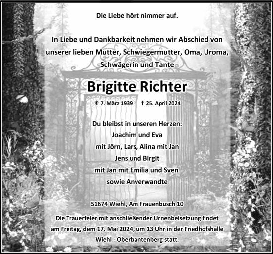 Anzeige von Brigitte Richter von  Anzeigen Echo 