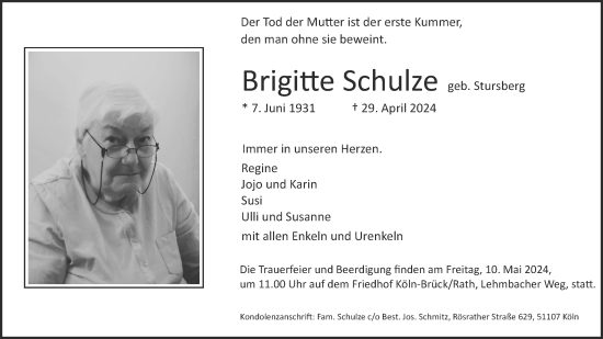 Anzeige von Brigitte Schulze von Kölner Stadt-Anzeiger / Kölnische Rundschau / Express