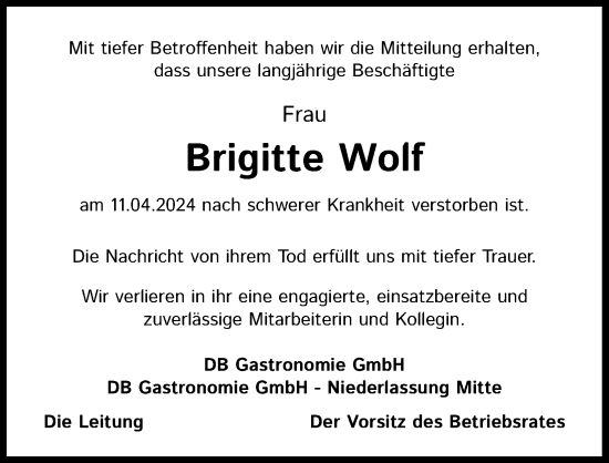 Anzeige von Brigitte Wolf von Kölner Stadt-Anzeiger / Kölnische Rundschau / Express