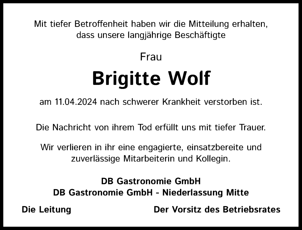  Traueranzeige für Brigitte Wolf vom 04.05.2024 aus Kölner Stadt-Anzeiger / Kölnische Rundschau / Express