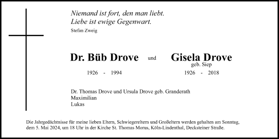 Anzeige von Büb Drove von Kölner Stadt-Anzeiger / Kölnische Rundschau / Express