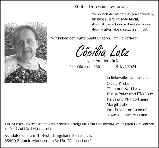 Anzeige von Cäcilia Latz von  Blickpunkt Euskirchen 