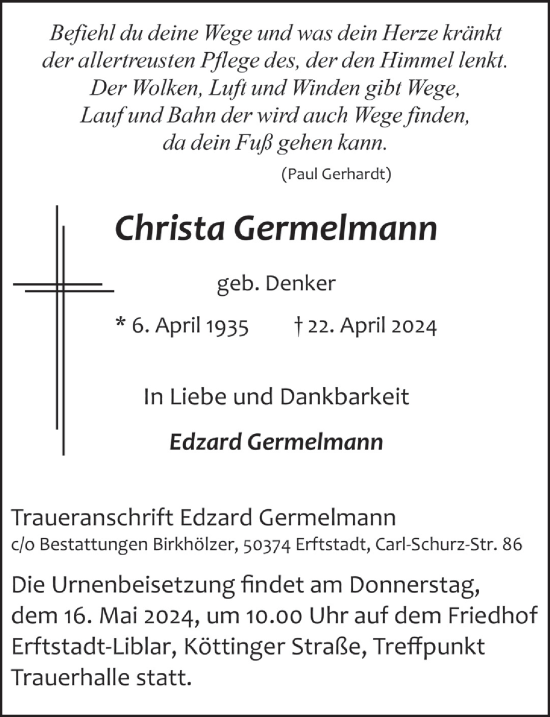 Anzeige von Christa Germelmann von  Werbepost 