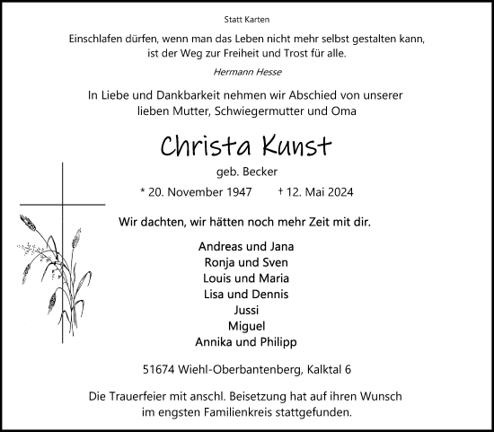 Anzeige von Christa Kunst von Kölner Stadt-Anzeiger / Kölnische Rundschau / Express