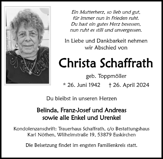 Anzeige von Christa Schaffrath von  Blickpunkt Euskirchen 