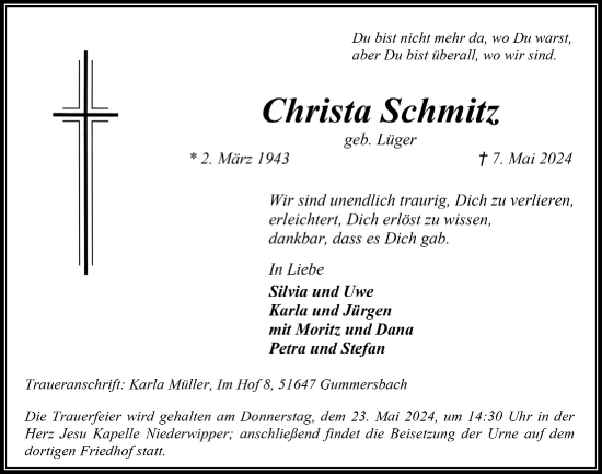 Anzeige von Christa Schmitz von  Anzeigen Echo 