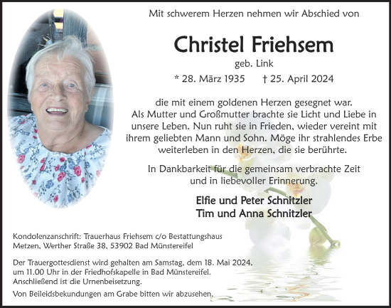 Anzeige von Christel Friehsem von  Blickpunkt Euskirchen 